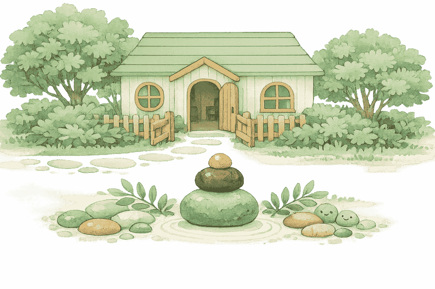 A small, welcoming illustrated early-learning centre among leafy trees with a pebble cairn in the garden.