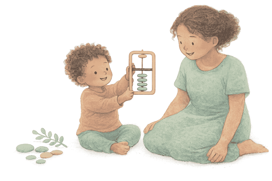 A parent and small child at home, the child proudly holding a little single-rod soroban.