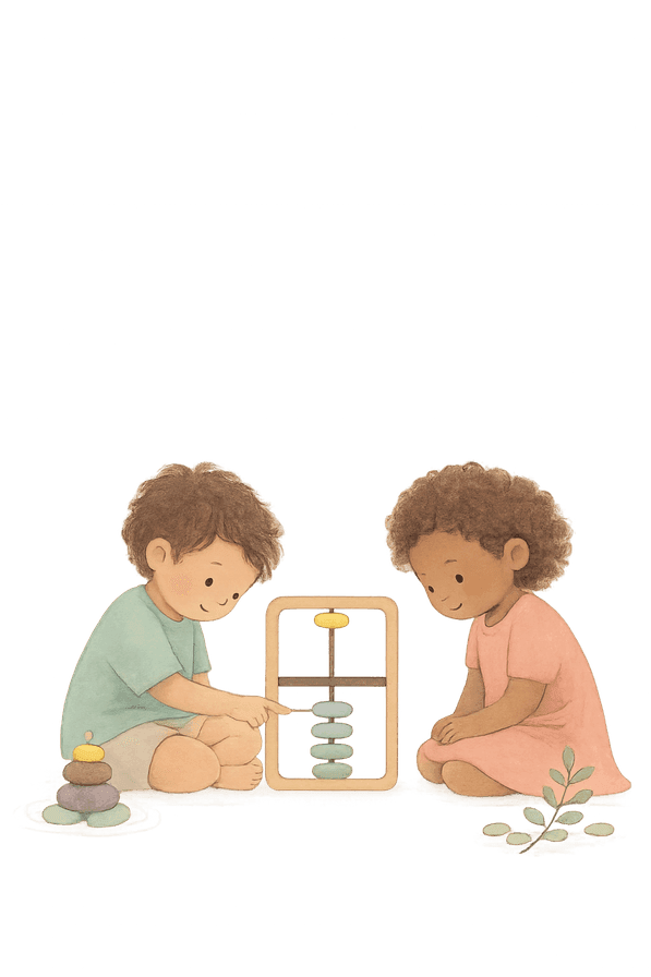 Two stylized young children sitting together, slowly sliding the beads of a child-sized soroban abacus beside a pebble cairn and soft ripples.