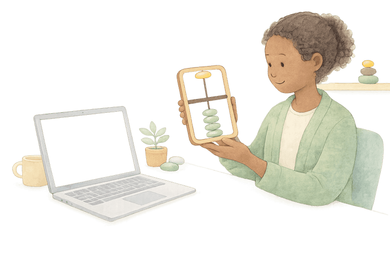 A stylized educator at a desk holding up a single-rod soroban beside a softly glowing blank laptop screen during an online workshop.